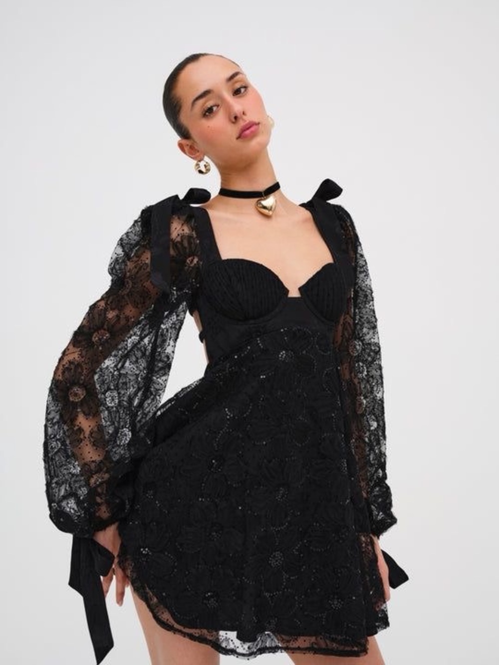 For Love And Lemons Kiersten Mini Dress Puff Lace Long Sleeve